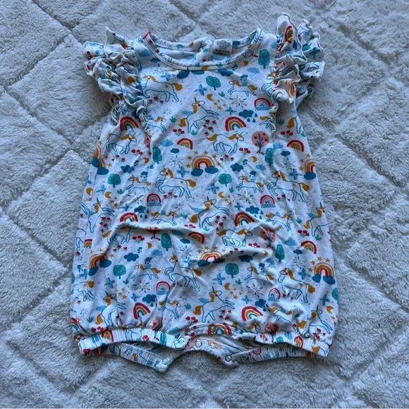Larkspur | Bamboo Unicorn Rainbow Ruffle Shorty Romper | Size 12-18 Months - Picture 2 of 8